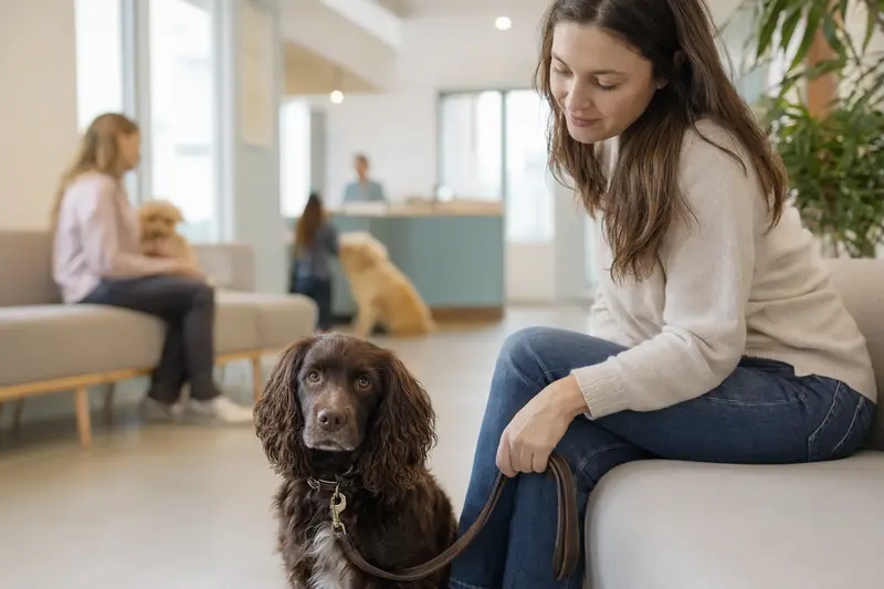 Ein Boykin Spaniel sitzt ruhig neben seinem Besitzer im hellen Wartezimmer einer modernen Tierarztpraxis.